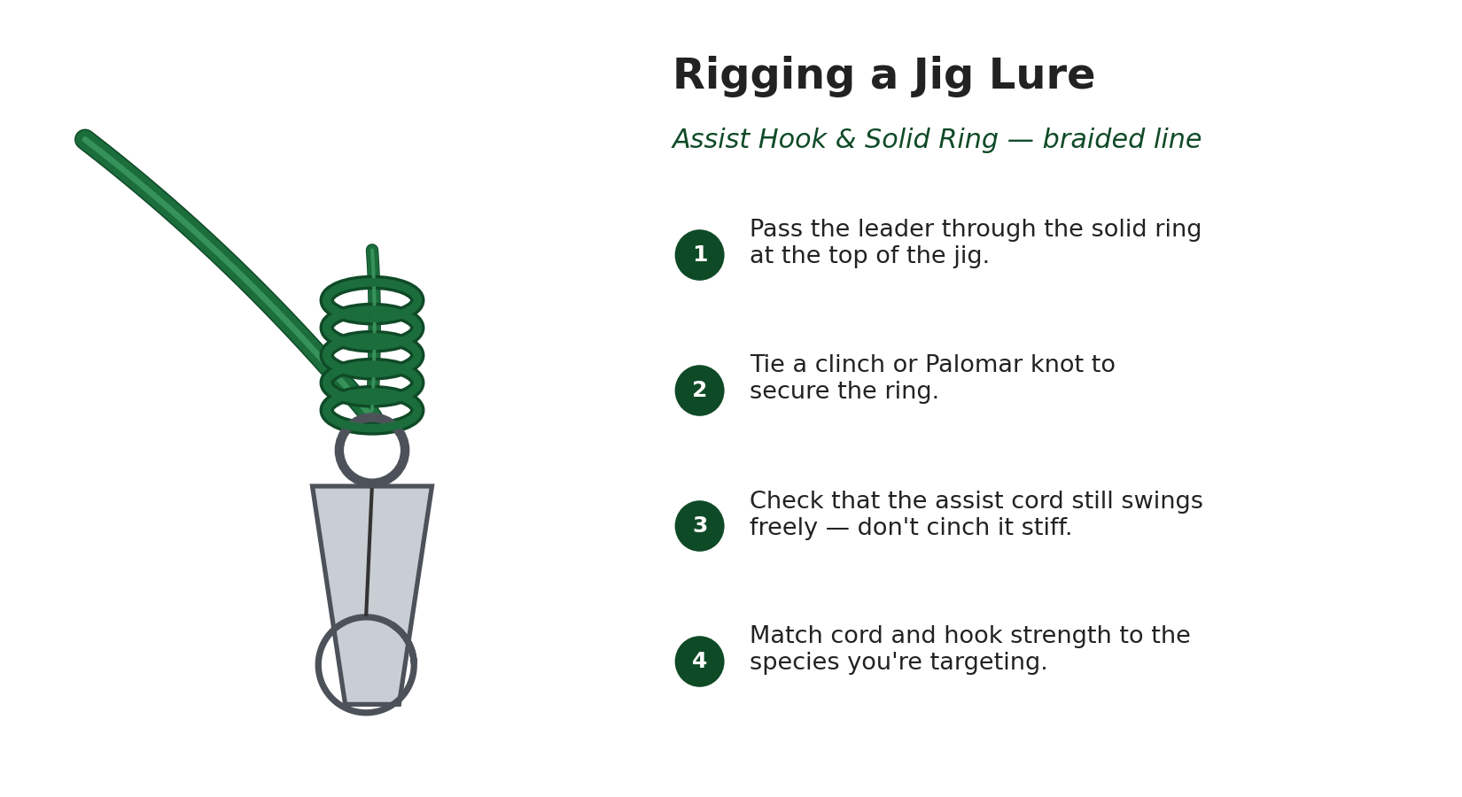 Diagram of a jig lure rigged with an assist hook and solid ring using braided line